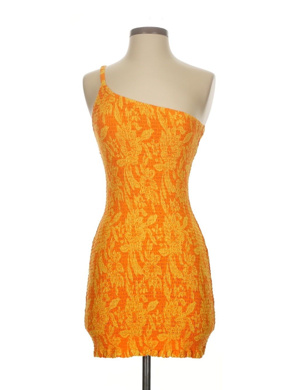 One-Shoulder Orange Textured Knit Mini Dress